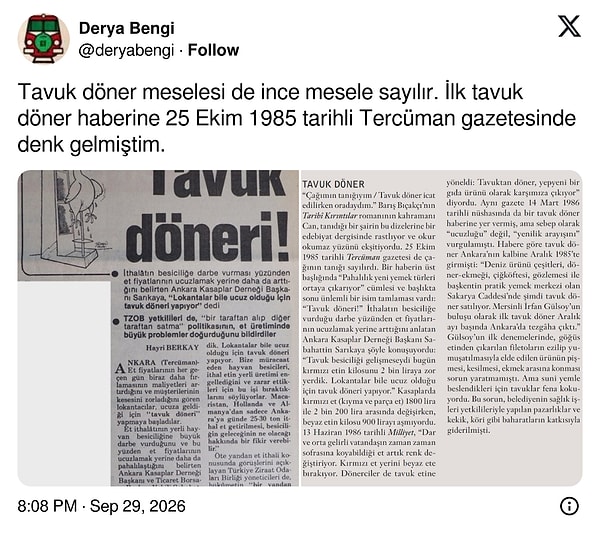 Daha eski bir kayıt: 1985 tarihli Tercüman haberi tavuk döneri "pahalılık" başlığıyla duyurmuş