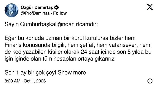 Demirtaş, uzman bir kurul kurulursa son 5 yılda bu işin içinde olan tüm hesapları 24 saatte çıkarabileceklerini yazdı.