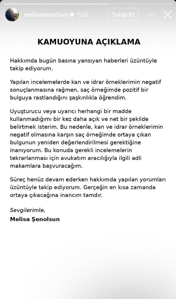Melisa Şenolsun, sosyal medya hesabından açıklamada bulundu.