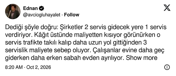 İki servis yerine tek servis verilince yolun uzadığına dikkat çeken yorum