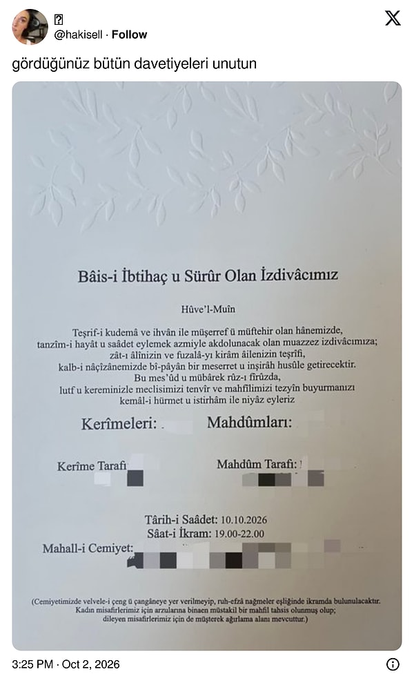 İşte o davetiye: Sosyal medya kullanıcısı @hakisell, "Gördüğünüz bütün davetiyeleri unutun" notuyla paylaştı👇