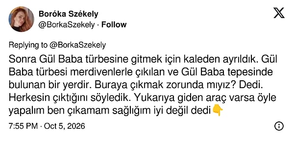 Székely: Gül Baba türbesine çıkmak istenmedi, "Sağlığım iyi değil" denildi.