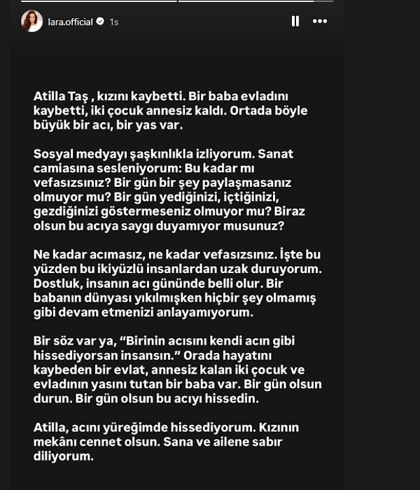 Ardından gelen uzun paylaşımda ise sanat camiasına doğrudan seslendi: "Ne kadar acımasız, ne kadar vefasızsınız."