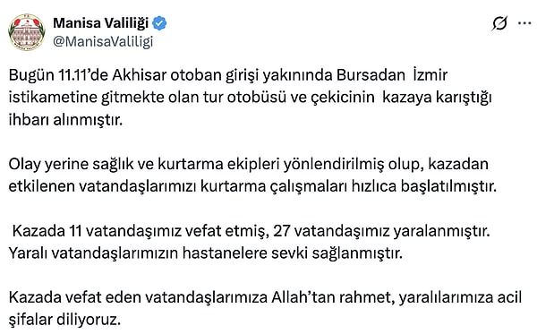 Arama kurtarma ve sağlık ekiplerinin olay yerindeki hızlı müdahalesine dikkat çekilen Manisa Valiliği açıklamasında şu bilgilere yer verildi: