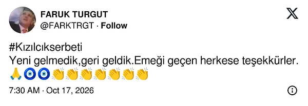 Yapımcı Faruk Turgut, reyting sonuçlarının açıklandığı sabah X hesabından "Yeni gelmedik, geri geldik" diye seslendi.