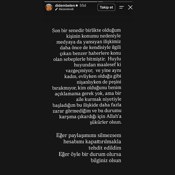 Didem Belen, paylaşımı silmezse hesabının kapatılacağı tehdidini aldığını söyledi, Somer Sivrioğlu cephesinden henüz bir açıklama gelmedi.