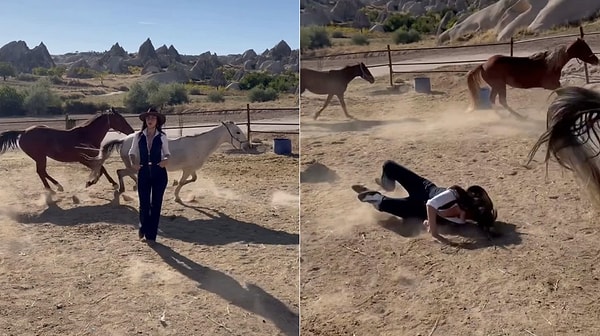 Fearless Woman Walks Right Through Running Horses!