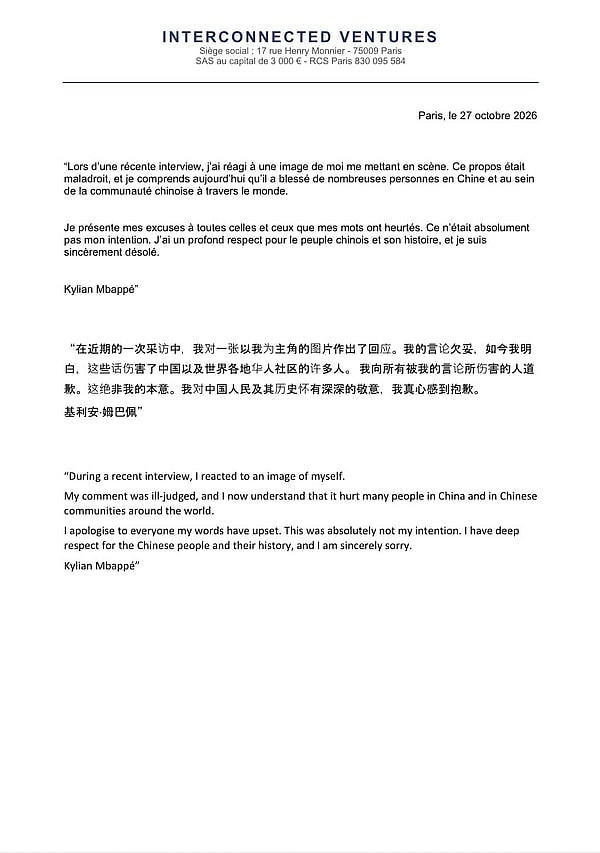 In his apology, Kylian Mbappé acknowledged that his words hurt many people in China and in Chinese communities around the world