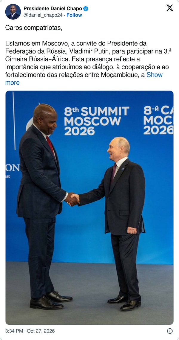 Mozambik Devlet Başkanı Daniel Chapo, Rusya Devlet Başkanı Vladimir Putin ile yaptığı görüşmeden bir kareyi X hesabından paylaştı.