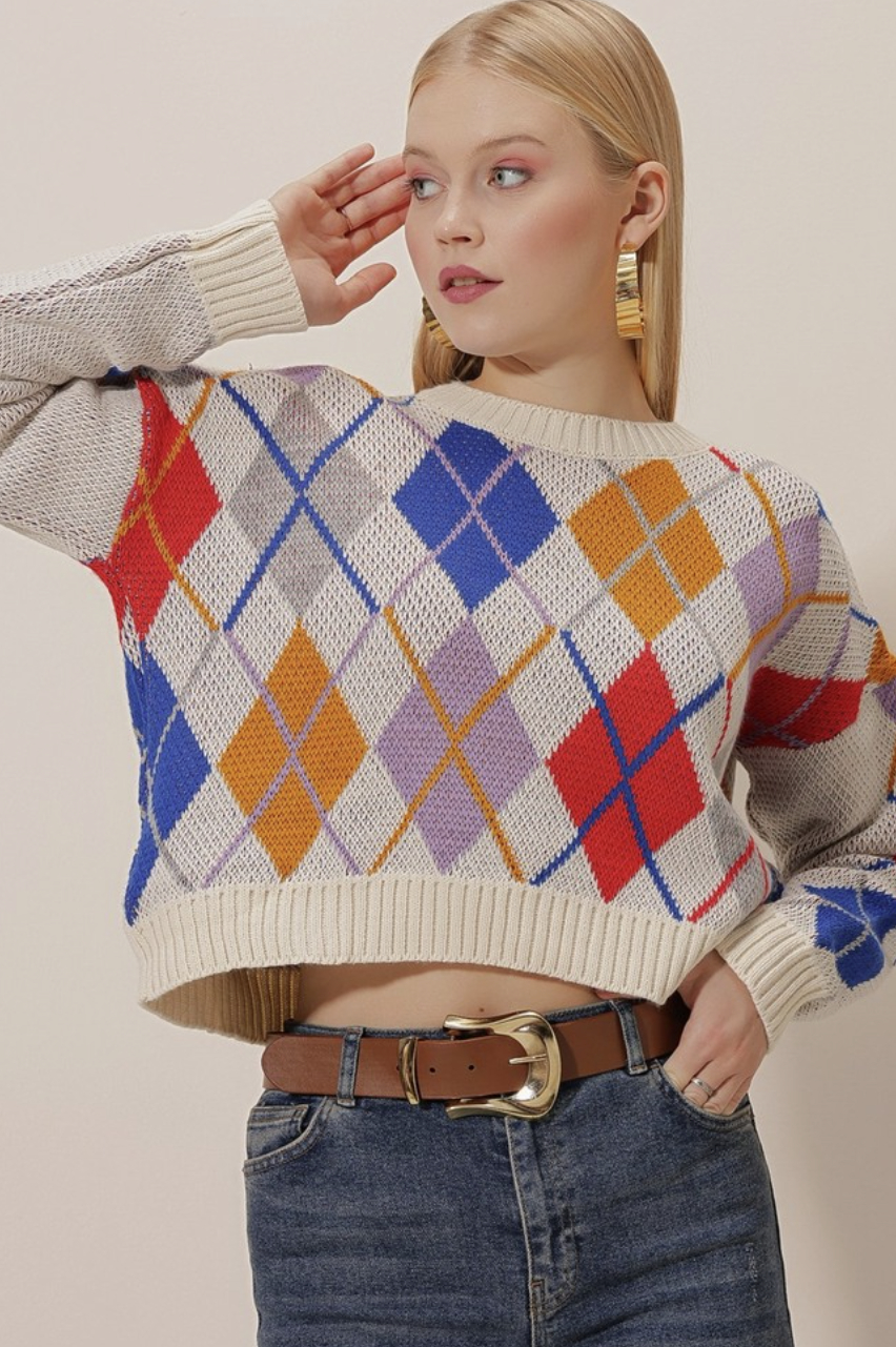 Hakke Baklava Desen Renkli Triko Kazak