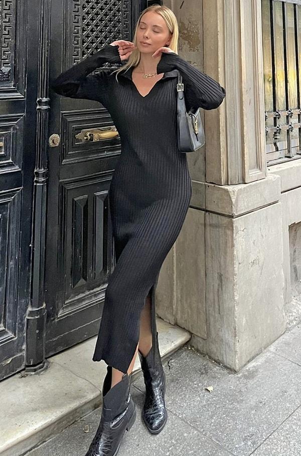 Swist Siyah Polo Yaka Kol Detay Kadın Triko Midi Elbise