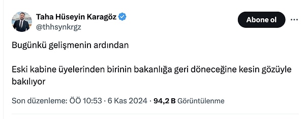 Gazeteci Taha Hüseyin Karagöz, Trump'ın seçilmesinin ardından eski bir kabine üyesinin yeniden göreve dönebileceğini yazdı ve bu paylaşımı kısa sürede gündem oldu.